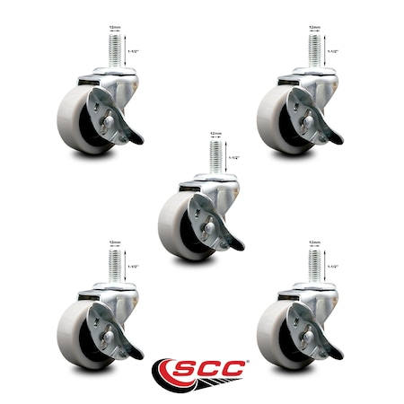 Service Caster 2 Inch Thermoplastic Wheel 12mm Threaded Stem Caster Set with Brakes, 5PK SCC-TS05S210-TPRS-SLB-M1215-5